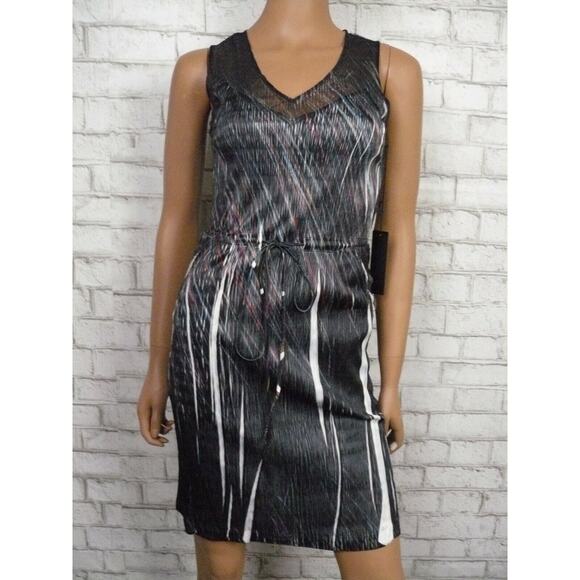 $184 Komarov Black Multi Vneck Mesh Insert Drawstring Sheath Dress Medium NWT - Picture 3 of 10